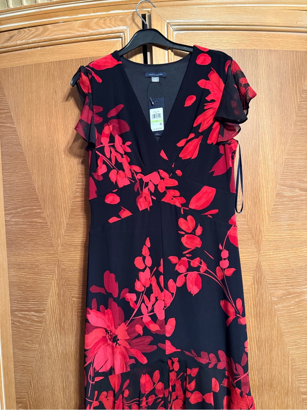 Tommy Hilfiger Women's Flutter Sleeve V-Neck Chiffon Midi Dress Size 4